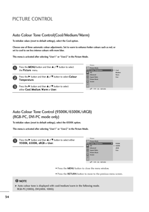 Page 3534
To initialize values (reset to default settings), select the 6500K option.
This menu is activated after selecting “User1” or “User2” in the Picture Mode.
Press the 
Gbutton and then D D 
 /
/ 
 E
Ebutton to select either
9 93
30
00
0K
K,
, 
 6
65
50
00
0K
K,
, 
 s
sR
RG
GB
B
or U Us
se
er
r
.1
Auto Colour Tone Control (9300K/6500K/sRGB)
(RGB-PC, DVI-PC mode only)
Picture
G
DE F GO OK
KR
RE
ET
TU
UR
RN
N
9300K
6500K
sRGB
User V Picture Mode
Colour Temperature
XD
Advanced
Aspect Ratio
Picture Reset...