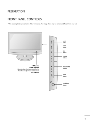 Page 21
PREPARATION
FRONT PANEL CONTROLS
This is a simplified representation of the front panel. The image shown may be somewhat different from your set.
INPUT
MENUVOL
PR
OK
PROGRAMME
Buttons VOLUME
Buttons I IR
R 
 R
Re
ec
ce
ei
iv
ve
er
r P
Po
ow
we
er
r 
 I
In
nd
di
ic
ca
at
to
or
r
illuminates blue when the set is switched on. 
Note:You can adjust Power indicator in the
O OP
PT
TI
IO
ON
N
menu.MENU
Button
OK
Button INPUT
Button
Power
Button
Headphone
Button
’ownloadedlfroml*anual*onitorfcoml*anuals 