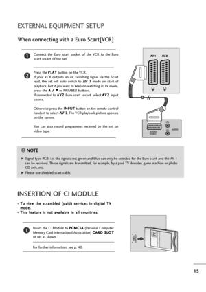 Page 1615
EXTERNAL EQUIPMENT SETUP
When connecting with a Euro Scart[VCR]
Connect  the  Euro  scart  socket  of  the  VCR  to  the  Euro
scart socket of the set.
Press the P PL
LA
AY
Y
button on the VCR.
If  your  VCR  outputs  an  AV  switching  signal  via  the  Scart
lead,  the  set  will  auto  switch  to 
AV  1mode  on  start  of
playback, but if you want to keep on watching in TV mode,
press the 
D D/
/ 
 E
Eor NUMBER buttons.
If connected to A AV
V2
2 
 
Euro scart socket, select A AV
V2
2 
 
input...