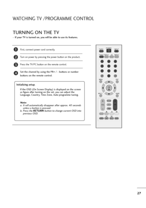 Page 2827
OK 
MENU EXIT
GUIDE
123
456
789
0
Q.VIEWLIST
TV/PC INPUTPOWER
VOL PR
I/IIMUTETEXT
RETURN
FAV
INFO   i
TV/RADIO
*
Q.MENUT.OPT MARKSUBTITLE
WATCHING TV /PROGRAMME CONTROL
TURNING ON THE TV
- If your TV is turned on, you will be able to use its features.
First, connect power cord correctly. 
Turn on power by pressing the power button on the product.
Press the TV/PC button on the remote control.
Set the channel by using the PR+ / - buttons or number
buttons on the remote control. 
2
1
Initializing setup...