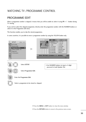 Page 3635
WATCHING TV /PROGRAMME CONTROL
When a programme number is skipped, it means that you will be unable to select it using PR + / -button during
TV viewing. 
If you wish to select the skipped programme, directly enter the programme number with the NUMBER buttons or
select it in the Programme edit menu
This function enables you to skip the stored programmes.
In some countries, it is possible to move a programme number by using the YELLOW button only.
PROGRAMME EDIT 
• Use NUMBER buttons to input a 4-digit...