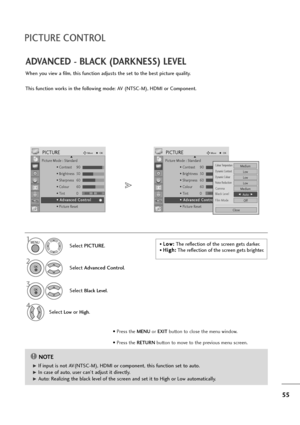 Page 5655
ADVANCED - BLACK (DARKNESS) LEVEL
When you view a film, this function adjusts the set to the best picture quality.
This function works in the following mode: AV (NTSC-M), HDMI or Component.
Select PICTURE.
2
Select Advanced Control.
3
Select Black Level.
4
Select Lowor High.
1MENU
OK 
OK 
• Press the MENUor EXITbutton to close the menu window.
• Press the RETURN button to move to the previous menu screen.
• L
Lo
ow
w:
:
The reflection of the screen gets darker.
• H Hi
ig
gh
h:
:
The reflection of the...