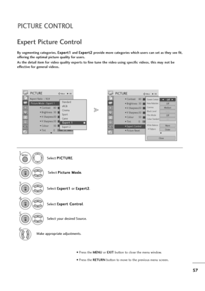 Page 5857
PICTURE CONTROL
Select your desired Source.
Select P PI
IC
CT
TU
UR
RE
E
.
Select P Pi
ic
ct
tu
ur
re
e 
 M
Mo
od
de
e
.
Select E Ex
xp
pe
er
rt
t 
 C
Co
on
nt
tr
ro
ol
l
.
Make appropriate adjustments.Select E Ex
xp
pe
er
rt
t1
1
or E Ex
xp
pe
er
rt
t2
2
. By segmenting categories, E Ex
xp
pe
er
rt
t1
1
and E Ex
xp
pe
er
rt
t2
2
provide more categories which users can set as they see fit,
offering the optimal picture quality for users.
As the detail item for video quality experts to fine tune the...