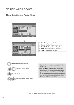 Page 8786
TO USE  A USB DEVICE
Photo Selection and PopUp Menu
USB DevicePage 2/3No MarkedPhoto List
Up Folder
Free Space 150MB
Navigation O p t i o nPage Change Mark Exit
1366x768, 125KBKR101
KR102
JMJ001
JMJ002
JMJ003
JMJ004KR103
KR104
KR105
JMJ005
JMJ006
JMJ007
JMJ008 Up Folder
USB DevicePage 2/3No MarkedPhoto List
Up Folder
Free Space 150MB
1366x768, 125KBKR101
KR102
JMJ001
JMJ002
JMJ003
JMJ004KR103
KR104
KR105
JMJ005
JMJ006
JMJ007
JMJ008 Up Folder
1366x768, 125KBView 
Mark All
Delete
Close
G GV
Vi
ie
ew
w...