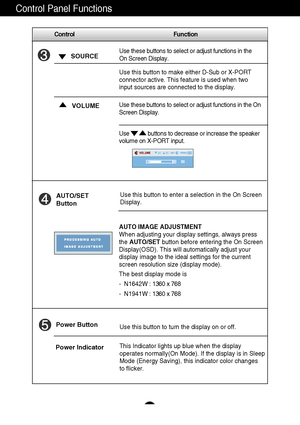 Page 14A12
Control Function
Control Panel Functions
This Indicator lights up blue when the display
operates normally(On Mode). If the display is in Sleep
Mode (Energy Saving), this indicator color changes 
to flicker. Use this button to turn the display on or off.
Power Button
Power Indicator
Use this button to enter a selection in the On Screen 
Display.AUTO/SET
Button
AUTO IMAGE ADJUSTMENT
When adjusting your display settings, always press
the AUTO/SETbutton before entering the On Screen
Display(OSD). This...