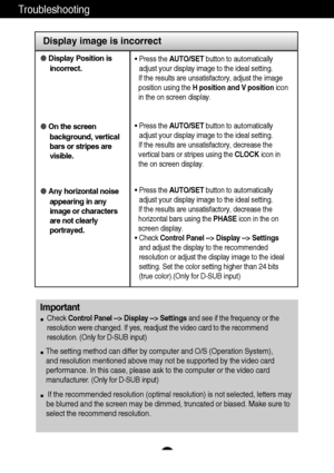 Page 23A21
Troubleshooting
Display image is incorrect
Display Position is
incorrect.
On the screen
background, vertical
bars or stripes are
visible.
Any horizontal noise
appearing in any
image or characters
are not clearly
portrayed.• Press the AUTO/SETbutton to automatically
adjust your display image to the ideal setting. 
If the results are unsatisfactory, adjust the image
position using the H position and V positionicon
in the on screen display.
• Press the AUTO/SETbutton to automatically
adjust your...