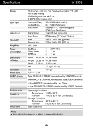 Page 19A18
Specifications
NOTEInformation in this document is subject to change without notice.
Display 
Sync Input 
Video Input 
Resolution
Plug&Play
Power 
Consumption
Dimensions & Weight
Tilt Range Power Input 
AC-DC Adapter
Environmental 
Conditions 
Power cord 18.5 inches (46.8 cm) Flat Panel Active matrix-TFT LCD  
Anti-Glare coating 
Visible diagonal size: 46.8 cm
0.300*0.300 mm pixel pitch
Horizontal Freq. 30 - 61 kHz (Automatic) Vertical Freq. 56 - 75 Hz (Automatic)
Input Form Separate TTL,...