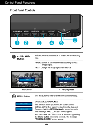 Page 8A7
Control Panel Functions
4 : 3 in Wide
Button
MENU ButtonUse this button to enter or exit the On Screen Display.
OSD LOCKED/UNLOCKED
This function allows you to lock the current control
settings, so that they cannot be inadvertently changed.
Press and hold the MENU buttonfor several seconds.
The message OSD LOCKEDshould appear.
You can unlock the OSD controls at any time by pushing
the MENU buttonfor several seconds. The message
OSD UNLOCKEDshould appear.
Front Panel Controls
5
6
WIDE mode 4 : 3...