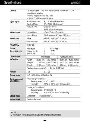 Page 20
Specifications                                                          \
W1542S

19
NOTEInformation in this document is subject to change without notice.

Display
Sync Input
Video Input
Resolution
Plug&Play
Power
Consumption
Dimensions& Weight
Range
Power Input
Environmental
Conditions
Stand Base
Power cord 15 inches (38.1 cm) Flat Panel Active matrix-TFT LCD 
Anti-Glare coating 
Visible diagonal size: 38.1 cm
0.2595*0.2595 mm pixel pitch
Horizontal Freq. 30 - 61 kHz (Automatic)
Vertical Freq. 56 - 75...