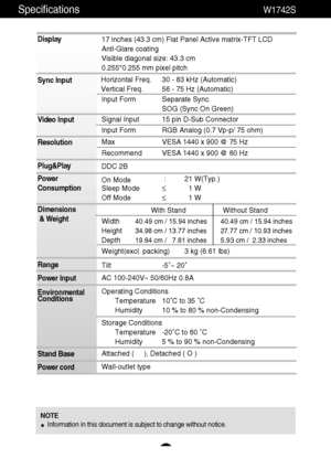 Page 21
20
Specifications                                                          \
W1742S
NOTEInformation in this document is subject to change without notice.

Display
Sync Input
Video Input
Resolution
Plug&Play
Power
Consumption
Dimensions& Weight
Range
Power Input
Environmental
Conditions
Stand Base
Power cord 17 inches (43.3 cm) Flat Panel Active matrix-TFT LCD 
Anti-Glare coating 
Visible diagonal size: 43.3 cm
0.255*0.255 mm pixel pitch
Horizontal Freq. 30 - 83 kHz (Automatic)
Vertical Freq. 56 - 75 Hz...