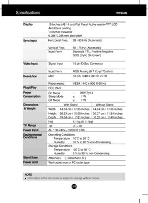 Page 20
A19A19

Specifications                                                          \
            W1942S
NOTEInformation in this document is subject to change without notice.
Display
Sync Input
Video Input
Resolution
Plug&Play
Power
Consumption
Dimensions& Weight
Tilt Range
Power Input
Environmental
Conditions
Stand Base
Power cord 19 inches (48.14 cm) Flat Panel Active matrix-TFT LCD 
Anti-Glare coating 
19 inches viewable
0.285*0.285 mm pixel pitch
Horizontal Freq.
      28 - 83 kHz (Automatic)...