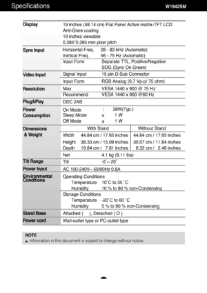 Page 20
A19A19
Specifications                                                          \
         W1942SM
NOTEInformation in this document is subject to change without notice.

Display
Sync Input
Video Input
Resolution
Plug&Play
Power
Consumption
Dimensions& Weight
Tilt Range
Power Input
Environmental
Conditions
Stand Base
Power cord 19 inches (48.14 cm) Flat Panel Active matrix-TFT LCD 
Anti-Glare coating 
19 inches viewable
0.285*0.285 mm pixel pitch
Horizontal Freq. 28 - 83 kHz (Automatic)
Vertical Freq. 56...