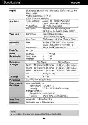 Page 21A20
Specifications                                                                     W2042TQ
Display
Sync Input
Video Input
Resolution
Plug&Play
Power
Consumption
Dimensions
& Weight
Tilt Range
Power Input
Environmental
Conditions
Stand Base 
Power cord 20.1 inches (51.1 cm) Flat Panel Active matrix-TFT LCDAnti-
Glare coating
Visible diagonal size: 51.1 cm
0.258*0.258 mm pixel pitch
Horizontal Freq. Analog : 30 - 83 kHz (Automatic)
Digital : 30 - 83 kHz (Automatic)
Vertical Freq. 56 - 75 Hz...