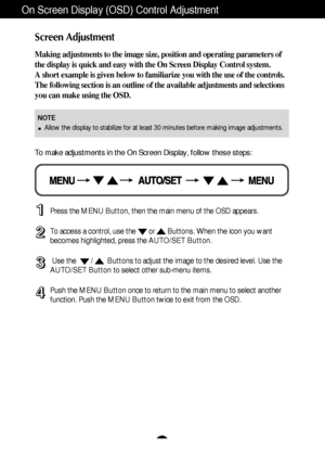 Page 11A10
On Screen Display (OSD) Control Adjustment
Screen Adjustment
Making adjustments to the image size, position and operating parameters of
the display is quick and easy with the On Screen Display Control system. 
A short example is given below to familiarize you with the use of the controls.
The following section is an outline of the available adjustments and selections
you can make using the OSD.
To make adjustments in the On Screen Display, follow these steps:
Press the MENU Button, then the main menu...