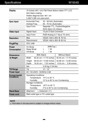 Page 24A23A23
Specifications W1954S
NOTE
Information in this document is subject to change without notice.
Display
Sync Input
Video Input
Resolution
Plug&Play
Power
Consumption
Dimensions
& Weight
Tilt Range
Power Input
Environmental
Conditions
Stand Base
Power cord 19 inches (48.1 cm) Flat Panel Active matrix-TFT LCD 
Anti-Glare coating 
Visible diagonal size: 48.1 cm
0.285*0.285 mm pixel pitch
Horizontal Freq. 30 - 83 kHz (Automatic)
Vertical Freq. 56 - 75 Hz (Automatic)
Input Form Separate TTL,...