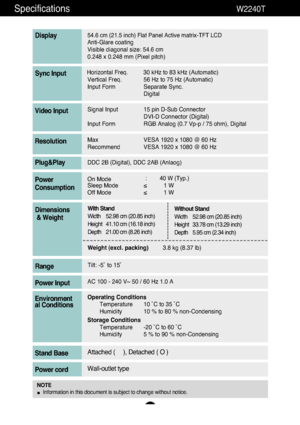 Page 2625
Specifications                                                          \
W2240T
54.6 cm (21.5 inch) Flat Panel Active matrix-TFT LCD Anti-Glare coating 
Visible diagonal size: 54.6cm
0.248 x 0.248 mm (Pixel pitch)
Display
Horizontal Freq. 30 kHz to 83 kHz (Automatic) Vertical Freq. 56 Hz to 75 Hz (Automatic)
Input Form Separate Sync. DigitalSync Input
Signal Input 15 pin D-Sub ConnectorDVI-D Connector (Digital)
Input Form RGB Analog (0.7 Vp-p / 75 ohm), DigitalVideo Input
Max VESA 1920 x 1080 @ 60...