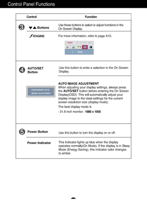 Page 9Control Function
A8
Control Panel Functions
This Indicator lights up blue when the display
operates normally(On Mode). If the display is in Sleep
Mode (Energy Saving), this indicator color changes 
to amber. Use this button to turn the display on or off.
Power Button
Power Indicator
Use this button to enter a selection in the On Screen 
Display.AUTO/SET
Button
AUTO IMAGE ADJUSTMENT
When adjusting your display settings, always press
the  AUTO/SET button before entering the On Screen
Display(OSD). This...