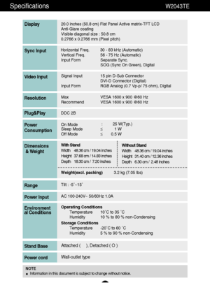 Page 2625
Specifications                                                          W2043TE
20.0 inches (50.8 cm) Flat Panel Active matrix-TFT LCD Anti-Glare coating 
Visible diagonal size : 50.8cm
0.2766 x 0.2766 mm (Pixel pitch)
Display
Horizontal Freq. 30 - 83 kHz (Automatic)
Vertical Freq. 56 - 75 Hz (Automatic)
Input Form Separate Sync.
SOG (Sync On Green), DigitalSync Input
Signal Input 15 pin D-Sub Connector
DVI-D Connector (Digital)
Input Form RGB Analog (0.7 Vp-p/ 75 ohm), DigitalVideo Input
Max VESA...