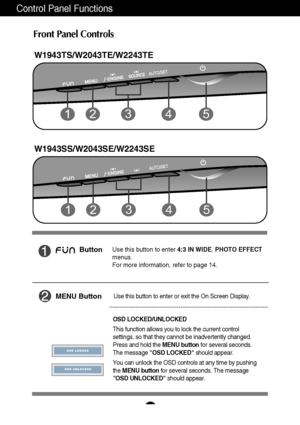 Page 1110
Control Panel Functions
Front Panel Controls
ButtonUse this button to enter 4:3 IN WIDE, PHOTO EFFECT
menus.
For more information, refer to page 14.
MENU ButtonUse this button to enter or exit the On Screen Display.
OSD LOCKED/UNLOCKED
This function allows you to lock the current control
settings, so that they cannot be inadvertently changed.
Press and hold the MENU buttonfor several seconds.
The message OSD LOCKEDshould appear.
You can unlock the OSD controls at any time by pushing
the MENU buttonfor...