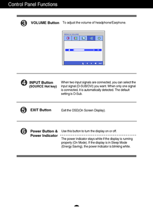 Page 1211
Control Panel Functions
VOLUME Button
INPUT Button
Use this button to turn the display on or off.
The power indicator stays white if the display is running
properly (On Mode). If the display is in Sleep Mode
(Energy Saving), the power indicator is blinking white. Power Button &
Power Indicator
When two input signals are connected, you can select the
input signal (D-SUB/DVI) you want. When only one signal
is connected, it is automatically detected. The default
setting is D-Sub.  (SOURCE Hot key)
Exit...