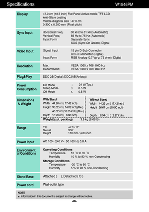 Page 2524
Specifications                                                                 W1946PM
47.0 cm (18.5 inch) Flat Panel Active matrix-TFT LCD Anti-Glare coating 
Visible diagonal size : 47.0cm
0.300 x 0.300 mm (Pixel pitch)
Display
Horizontal Freq. 30 kHz to 61 kHz (Automatic)
Vertical Freq. 56 Hz to 75 Hz (Automatic)
Input Form Separate Sync.
SOG (Sync On Green), DigitalSync Input
Signal Input 15 pin D-Sub Connector
DVI-D Connector (Digital)
Input Form RGB Analog (0.7 Vp-p/ 75 ohm), DigitalVideo Input...