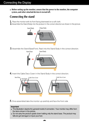 Page 4A3
Connecting the Display
ImportantThis illustration depicts the general model of connection. Your monitor \
may differ from
the items shown in the picture.
Do not carry the product upside down holding only the stand base. The pr\
oduct may
fall and get damaged or injure your foot.
Before setting up the monitor, ensure that the power to the monitor, the\
 computer
system, and other attached devices is turned off.
Connecting the stand 
1.Place the monitor with its front facing downward on a soft cloth....