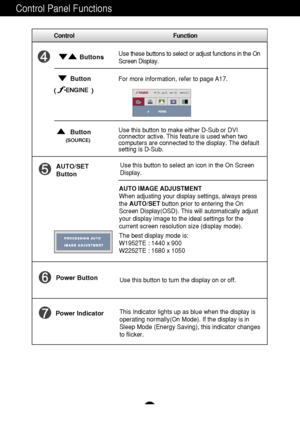 Page 9A8
Control Panel Functions
This Indicator lights up as blue when the display is
operating normally(On Mode). If the display is in
Sleep Mode (Energy Saving), this indicator changes
to flicker. Use this button to turn the display on or off.
Power Button
Power Indicator
Use this button to select an icon in the On Screen
Display.AUTO/SET
Button
AUTO IMAGE ADJUSTMENT
When adjusting your display settings, always press
the  AUTO/SET button prior to entering the On
Screen Display(OSD). This will automatically...