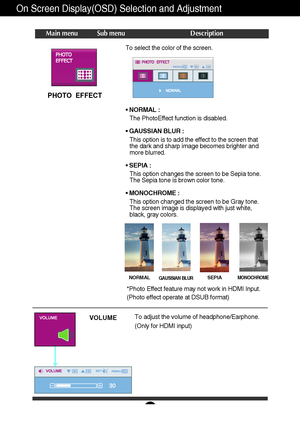 Page 20A19
On Screen Display(OSD) Selection and Adjustment 
Main menu Sub menu Description
VOLUMETo adjust the volume of headphone/Earphone. 
(Only for HDMI input)
PHOTO  EFFECT
•
NORMAL :
The PhotoEffect function is disabled.
• GAUSSIAN BLUR :
This option is to add the effect to the screen that 
the dark and sharp image becomes brighter and
more blurred.
• SEPIA :
This option changes the screen to be Sepia tone.
The Sepia tone is brown color tone.
• MONOCHROME :
This option changed the screen to be Gray tone....