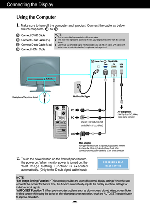 Page 8A7A7
Using the Computer
1.Make sure to turn off the computer and  product. Connect the cable as below
sketch map form        to        .12
Connecting the Display
Wall-outlet typeHeadphone/Earphone Input
Power Cord
A
B
C
D
Connect DVI-D Cable
Connect D-sub Cable (PC)
Connect D-sub Cable (Mac)
Connect HDMI Cable
Mac adapterFor Apple Macintosh use, a  separate plug adapter is needed
to change the 15 pin high density (3 row) D-sub VGA
connector on the supplied cable to a 15 pin  2 row connector.
DVI-D(This...