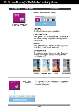 Page 17A16
On Screen Display(OSD) Selection and Adjustment 
Main menu Sub menu Description
VOLUMETo adjust the volume of headphone/Earphone.
(only for HDMI input)VOLUME
VOLUMESET SET
PHOTO  EFFECT
•NORMAL :
The PhotoEffect function is disabled.
•GAUSSIAN BLUR :
This option is to add the effect to the screen that
the dark and sharp image becomes brighter and
more blurred.
•SEPIA :
This option changes the screen to be Sepia tone.
The Sepia tone is brown color tone.
•MONOCHROME :
This option changed the screen to...