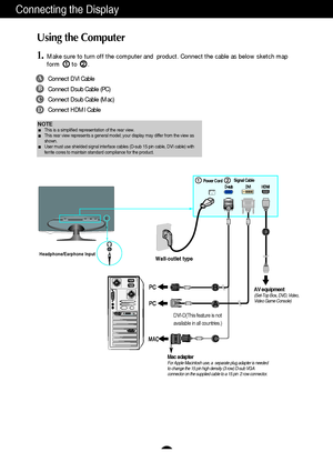 Page 6A5A5
Using the Computer
1.Make sure to turn off the computer and  product. Connect the cable as below sketch map
form to .12
Connecting the Display
Wall-outlet typeHeadphone/Earphone Input
Power Cord
A
B
C
D
Connect DVI Cable
Connect Dsub Cable (PC)
Connect Dsub Cable (Mac)
Connect HDMI Cable
Mac adapterFor Apple Macintosh use, a  separate plug adapter is needed
to change the 15 pin high density (3 row) D-sub VGA
connector on the supplied cable to a 15 pin  2 row connector.
DVI-D(This feature is not...