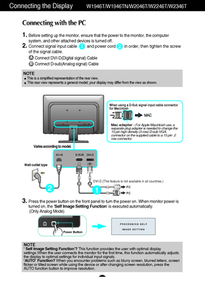 Page 1110
Connecting the DisplayW1946T/W1946TN/W2046T/W2246T/W2346T
NOTE‘ Self Image Setting Function’? This function provides the user with optimal display
settings.When the user connects the monitor for the first time, this function automatically adjusts
the display to optimal settings for individual input signals. 
‘AUTO’ Function? When you encounter problems such as blurry screen, blurred letters, screen
flicker or tilted screen while using the device or after changing screen resolution, press the
AUTO...