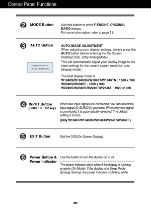 Page 1514
Control Panel Functions
AUTO ButtonAUTO IMAGE ADJUSTMENT
When adjusting your display settings, always press the
AUTObutton before entering the On Screen
Display(OSD). (Only Analog Mode)
This will automatically adjust your display image to the
ideal settings for the current screen resolution size
(display mode).
The best display mode is
W1946S/W1946SN/W1946T/W1946TN : 1360 x 768
W2046S/W2046T : 1600 x 900
W2246S/W2346S/W2246T/W2346T : 1920 x1080 
INPUT Button
Use this button to turn the display on or...
