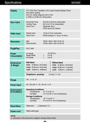 Page 3130
Specifications                                                          W2046S
TFT (Thin Film Transistor) LCD (Liquid Crystal Display) Panel,
Anti-Glare coating 
50.8 cmvisible diagonal (20.0 inch)
0.2766 x 0.2766 mm (Pixel pitch)
Display
Horizontal Freq. 30 kHz to 83 kHz (Automatic)
Vertical Freq. 56 Hz to 75 Hz (Automatic)
Input Form Separate Sync.
SOG (Sync On Green) Sync Input
Signal Input 15 pin D-Sub Connector
Input Form RGB Analog (0.7 Vp-p/ 75 ohm)Video Input
Max VESA 1600 x 900 @ 60 Hz...