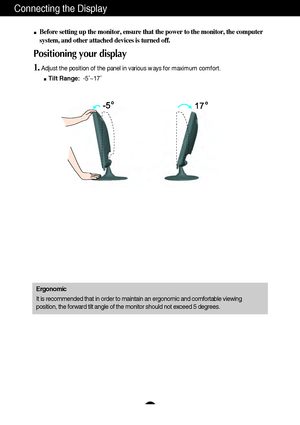 Page 6A5A5
Connecting the Display
Before setting up the monitor, ensure that the power to the monitor, the computer
system, and other attached devices is turned off. 
Positioning your display
1.Adjust the position of the panel in various ways for maximum comfort.
Tilt Range:-5˚~17˚ 
Ergonomic
It is recommended that in order to maintain an ergonomic and comfortable viewing
position, the forward tilt angle of the monitor should not exceed 5 degrees.
 