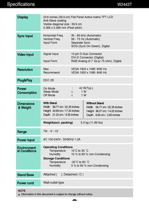 Page 2221
Specifications                                                          W2443T
23.6 inches (59.9 cm) Flat Panel Active matrix-TFT LCD Anti-Glare coating 
Visible diagonal size : 59.9cm
0.266 x 0.266 mm (Pixel pitch)
Display
Horizontal Freq. 30 - 83 kHz (Automatic)
Vertical Freq. 56 - 75 Hz (Automatic)
Input Form Separate Sync.
SOG (Sync On Green), DigitalSync Input
Signal Input 15 pin D-Sub Connector
DVI-D Connector (Digital)
Input Form RGB Analog (0.7 Vp-p/ 75 ohm), DigitalVideo Input
Max VESA 1920 x...