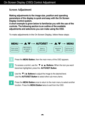 Page 1110
On Screen Display (OSD) Control Adjustment
Screen Adjustment
Making adjustments to the image size, position and operating
parameters of the display is quick and easy with the On Screen
Display Control system. 
A short example is given below to familiarize you with the use of the
controls. The following section is an outline of the available
adjustments and selections you can make using the OSD.
Pops up the
menu screen
To make adjustments in the On Screen Display, follow these steps:
Move where
you...