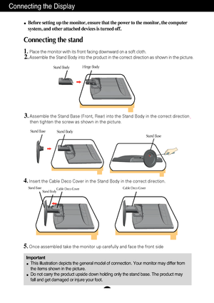 Page 4A3
Connecting the Display
ImportantThis illustration depicts the general model of connection. Your monitor \
may differ from
the items shown in the picture.
Do not carry the product upside down holding only the stand base. The pr\
oduct may
fall and get damaged or injure your foot.
Before setting up the monitor, ensure that the power to the monitor, the\
 computer
system, and other attached devices is turned off.
Connecting the stand 
1.Place the monitor with its front facing downward on a soft cloth....