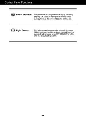Page 1312
Control Panel Functions
The power indicator stays red if the display is running
properly (On Mode). If the display is in Sleep Mode
(Energy Saving), the power indicator is blinking red. Power Indicator
This is the sensor to measure the external brightness.  
Makes the screen brighter or darker, depending on the
surrounding brightness, when AUTO BRIGHT is set to
ON. The default setting is OFF.  Light Sensor
 