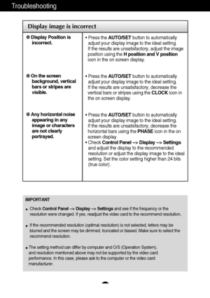 Page 2726
Troubleshooting
Display image is incorrect
Display Position is
incorrect.
On the screen
background, vertical
bars or stripes are
visible.
Any horizontal noise
appearing in any
image or characters
are not clearly
portrayed.• Press the AUTO/SETbutton to automatically
adjust your display image to the ideal setting. 
If the results are unsatisfactory, adjust the image
position using the H position and V position
icon in the on screen display.
• Press the AUTO/SETbutton to automatically
adjust your...