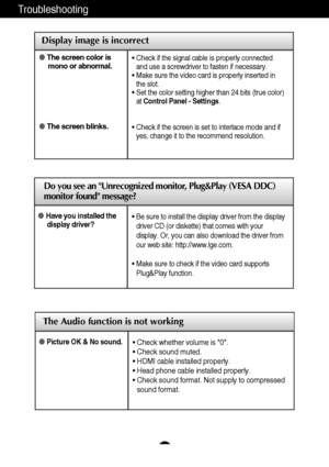 Page 2827
Troubleshooting
Do you see an Unrecognized monitor, Plug&Play (VESA DDC)
monitor found message?
Have you installed the
display driver?• Be sure to install the display driver from the display
driver CD (or diskette) that comes with your
display. Or, you can also download the driver from
our web site: http://www.lge.com.
• Make sure to check if the video card supports
Plug&Play function.
Display image is incorrect
The screen color is
mono or abnormal.
The screen blinks.• Check if the signal cable is...