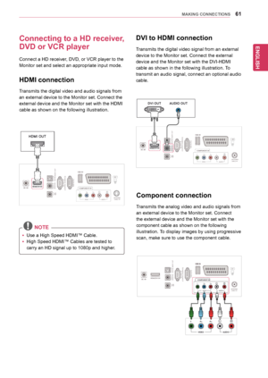 Page 6161
ENGENGLISH
MAKING CONNECTIONS
Connecting to a HD receiver, 
DVD or VCR player
Connect	a	HD	receiver,	DVD,	or	VCR	player	to	the	
Monitor	set	and	select	an	appropriate	input	mode.
 NOTE
AUDIO OUT
DVI OUT
VIDEO
COMPONENT IN
USB INAV
AUDIOO
YPBPRL
RS-\f3\fC IN
(CONTROL & SERVICE\b
RGB IN 
(PC\bOPTICAL
AUDIO IN
(RGB/DVI\b
H 
/ P
DIGITALAUDIO OUT
ANTENNA/CABLE IN
DC-IN
HDMI/DVI INR
HDMI connection
Transmits	the	digital	video	and	audio	signals	from	
an	external	device	to	the	Monitor	set.	Connect	the...