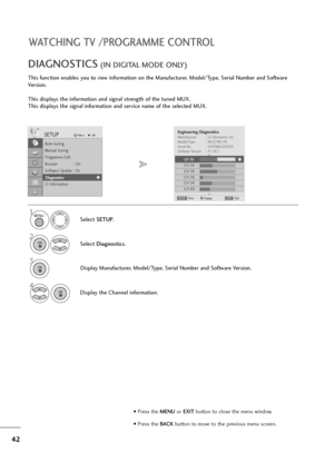 Page 4342
WATCHING TV /PROGRAMME CONTROL
This function enables you to view information on the Manufacturer, Model/Type, Serial Number and Software
Version.
This displays the information and signal strength of the tuned MUX.
This displays the signal information and service name of the selected MUX.
DIAGNOSTICS(IN DIGITAL MODE ONLY)
Select SETUP.
2
Select Diagnostics.
4
Display the Channel information.
3
Display Manufacturer, Model/Type, Serial Number and Software Version.
SETUPMoveOK
Auto tuning
Manual tuning...