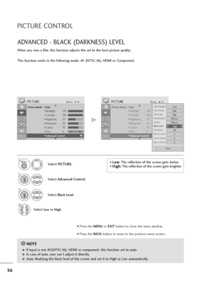 Page 5756
PICTURE CONTROL
ADVANCED - BLACK (DARKNESS) LEVEL
When you view a film, this function adjusts the set to the best picture quality.
This function works in the following mode: AV (NTSC-M), HDMI or Component.
Picture Mode  : Vivid
• Backlight 100
• Contrast 100
• Brightness 50
• Sharpness 70
• Colour 70
• Tint 0
• Advanced Control
PICTUREMoveOK
E D• 
Advanced Control
Select PICTURE.
2
Select Advanced Control.
3
Select Black Level.
4
Select Lowor High.
1
Picture Mode  : Vivid
• Backlight 100
• Contrast...