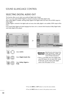 Page 6362
SOUND &LANGUAGE CONTROL
SELECTING DIGITAL AUDIO OUT
This function allows you to select your preferred Digital Audio Output.
The TV can only output DOLBY Digital if a channel is broadcast with Dolby Digital audio.
When Dolby digital is available, selecting Dolby Digital in the Digital Audio Out menu will set SPDIF output to
Dolby Digital 
If Dolby Digital is selected in the digital audio out menu when dolby digital is not available, SPDIF output will be
PCM.
Even if both Dolby Digital and Audio...