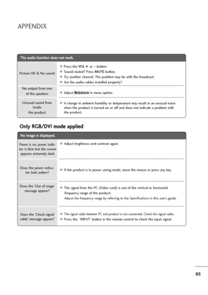 Page 8685
APPENDIX
T Th
he
e 
 a
au
ud
di
io
o 
 f
fu
un
nc
ct
ti
io
on
n 
 d
do
oe
es
s 
 n
no
ot
t 
 w
wo
or
rk
k.
.
APress the VO L+ + 
 
or- -
button.
ASound muted? Press MUTEbutton.
ATry another channel. The problem may be with the broadcast.
AAre the audio cables installed properly?
AAdjust Balancein menu option.
AA change in ambient humidity or temperature may result in an unusual noise
when the product is turned on or off and does not indicate a problem with
the product. Picture OK & No sound
Unusual...