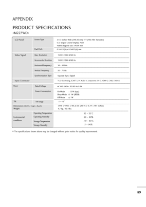 Page 9089
PRODUCT SPECIFICATIONS

The specifications shown above may be changed without prior notice for quality improvement.
Powe rAC100-240V~50/60 Hz 0.9A
On Mode       :  55W (typ.)
Sleep Mode       1W (R RG
GB
B
)
Off Mode          1W
LCD PanelScreen Type
Pixel Pitch21.53 inches Wide (546.86 mm) TFT (Thin Film Transistor)
LCD (Liquid Crystal Display) Panel
Visible diagonal size: 546.86 mm
0.24825(H) x 0.24825(V) mm
Max. Resolution
Recommended Resolution
Horizontal Frequency
Vertical Frequency...