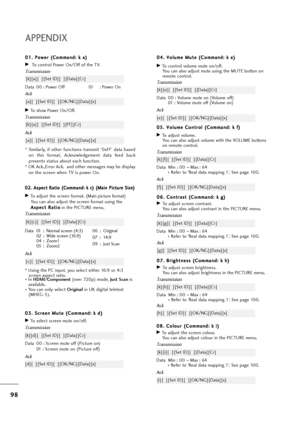 Page 9998
APPENDIX
0 08
8.
. 
 C
Co
ol
lo
ou
ur
r 
 (
(C
Co
om
mm
ma
an
nd
d:
: 
 k
k 
 i
i)
)
GTo adjust the screen colour.
You can also adjust colour in the PICTURE menu.
Transmission
Data Min : 00 ~Max : 64
* Refer to ‘Real data mapping 1’. See page 100.
[k][i][  ][Set ID][  ][Data][Cr]
Ack
[i][  ][Set ID][  ][OK/NG][Data][x] 0 04
4.
. 
 V
Vo
ol
lu
um
me
e 
 M
Mu
ut
te
e 
 (
(C
Co
om
mm
ma
an
nd
d:
: 
 k
k 
 e
e)
)
GTo control volume mute on/off.
You can also adjust mute using the MUTE button on
remote...