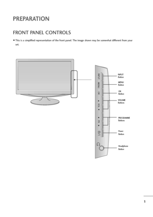 Page 21
PREPARATION
FRONT PANEL CONTROLS
This is a simplified representation of the front panel. The image shown may be somewhat different from your
set.
INPUT
MENUVOL
PR
OK
PROGRAMME
Buttons VOLUME
ButtonsMENU
Button
OK
Button INPUT
Button
Power
Button
Headphone
Button
ZownloadedhfromhManualMonitor6comhManuals 