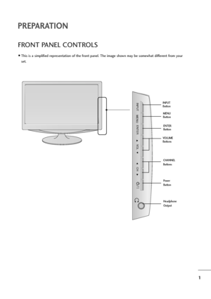 Page 21
PREPARATION
FRONT PANEL CONTROLS
This is a simplified representation of the front panel. The image shown may be somewhat different from your
set.
INPUT
MENUVOL
CH
ENTER
CHANNEL
Buttons VOLUME
ButtonsMENU
Button
ENTER
Button INPUT
Button
Power
Button
Headphone
Output
•ownloaded2from2QanualQonitorvcom2Qanuals 